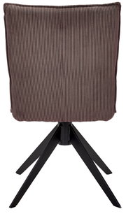 Rückansicht eines Stuhls mit geripptem Stoffbezug und schwarzem Metallgestell.