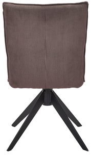 Rückansicht eines Stuhls mit geripptem Stoffbezug und schwarzem Metallgestell.