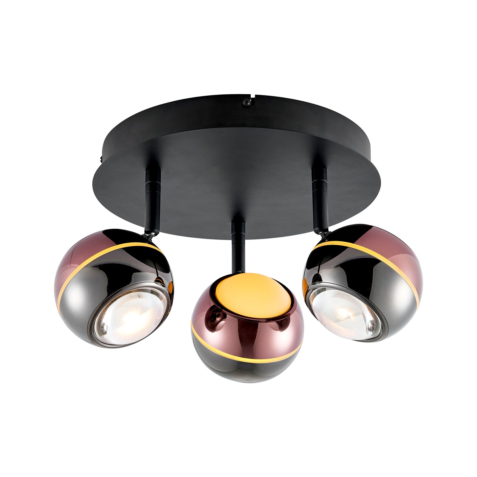 Dieter Knoll LED-Deckenleuchte Moderne Deckenleuchte mit runder schwarzer Deckenplatte und drei kugelförmigen, glänzenden Lampenköpfen in Rauchgrau/Kupferoptik mit goldenen Akzenten, Ansicht von unten (Untersicht).