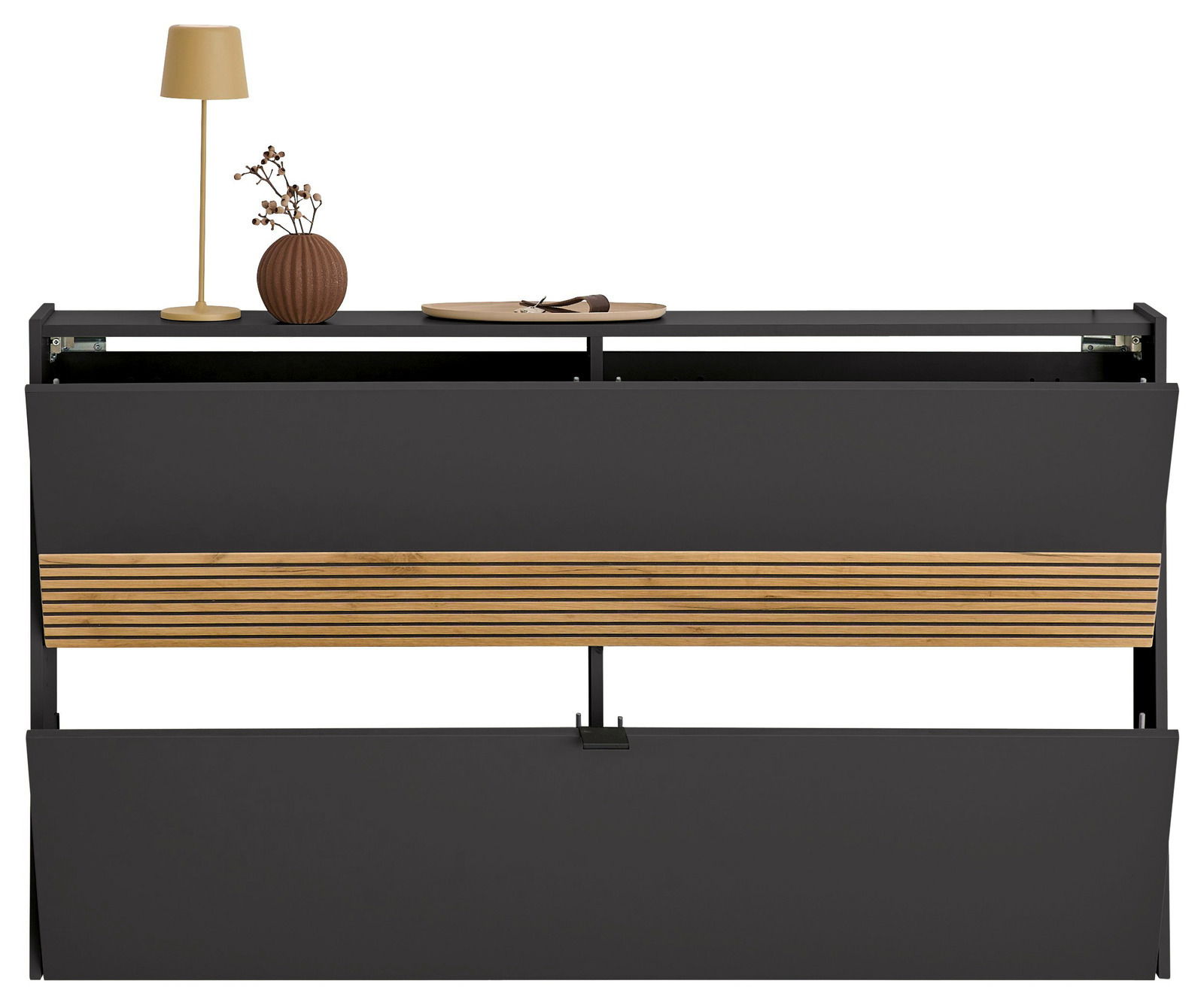 Garderoben-Set in Graphit mit Holzdetails, frontal betrachtet. Dekoriert mit einer Lampe, Vase und Tablett.