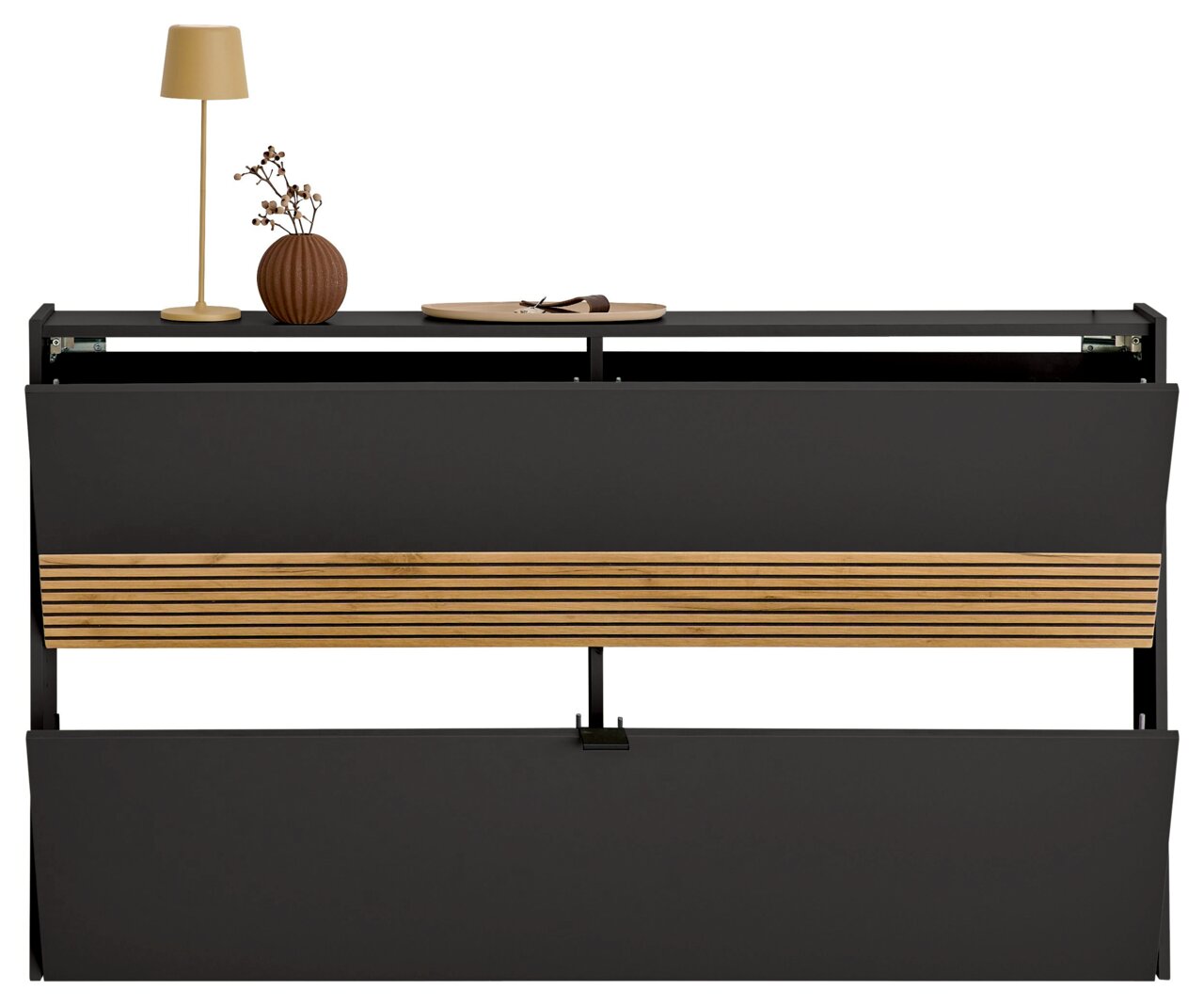 Garderoben-Set in Graphit mit Holzdetails, frontal betrachtet. Dekoriert mit einer Lampe, Vase und Tablett.