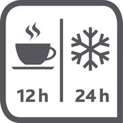 Symbolbild einer Isolierkanne mit einer Tasse und einem Schneeflockensymbol, das die Warmhaltezeit von 12 Stunden und die Kühlhaltezeit von 24 Stunden anzeigt, frontal betrachtet.