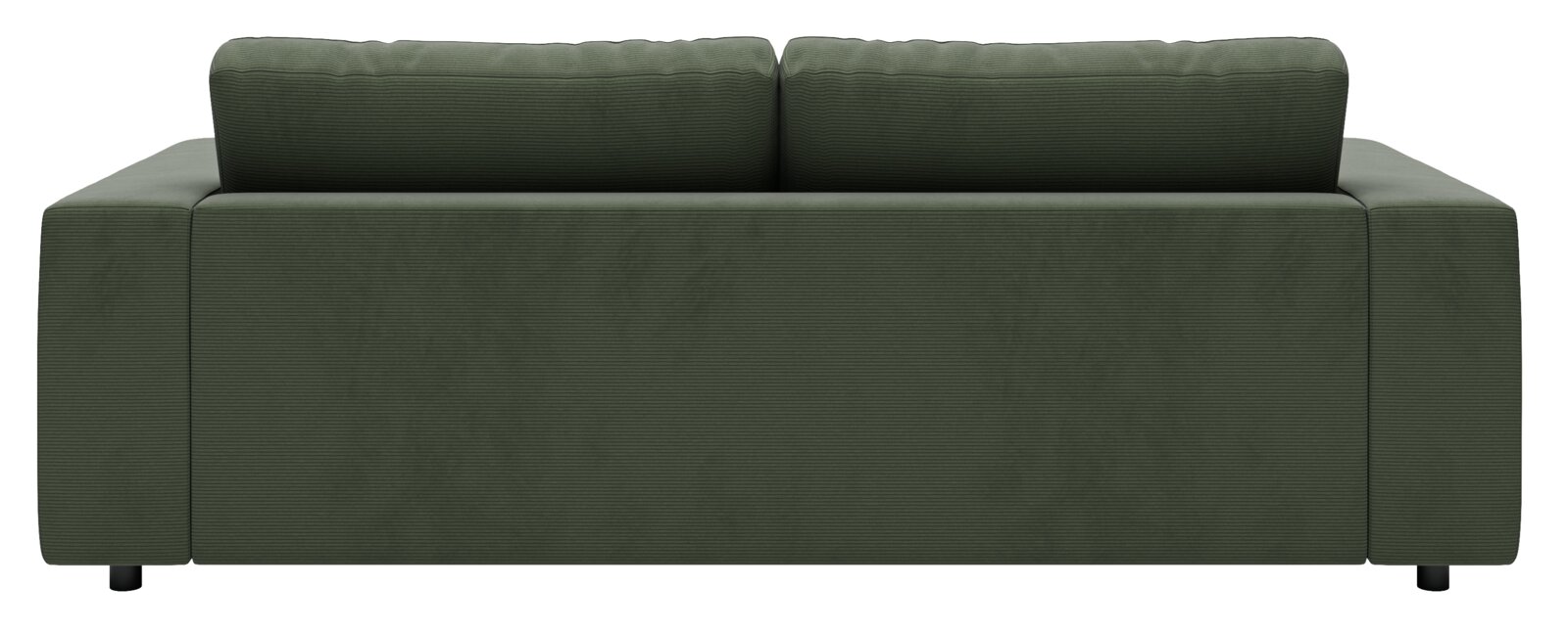Rückansicht eines dunkelgrünen 2-Sitzer Sofas mit klaren Linien und modernen Design.