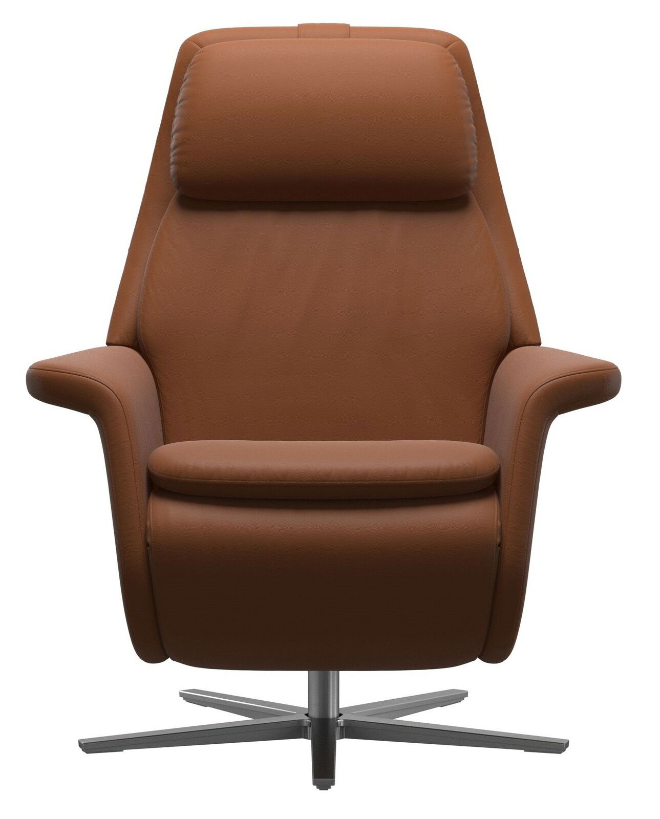 Brauner Relaxsessel aus Leder mit verstellbarer Rückenlehne und Kopfstütze, frontal betrachtet.