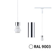 Basispendel für URail-System von PAULMANN in Weiß (RAL 9003) mit zylindrischem Chrom-Element, seitliche und frontale Ansicht.