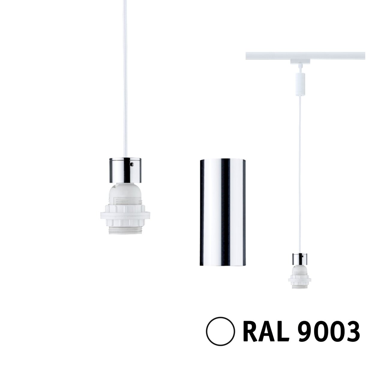 Basispendel für URail-System von PAULMANN in Weiß (RAL 9003) mit zylindrischem Chrom-Element, seitliche und frontale Ansicht.