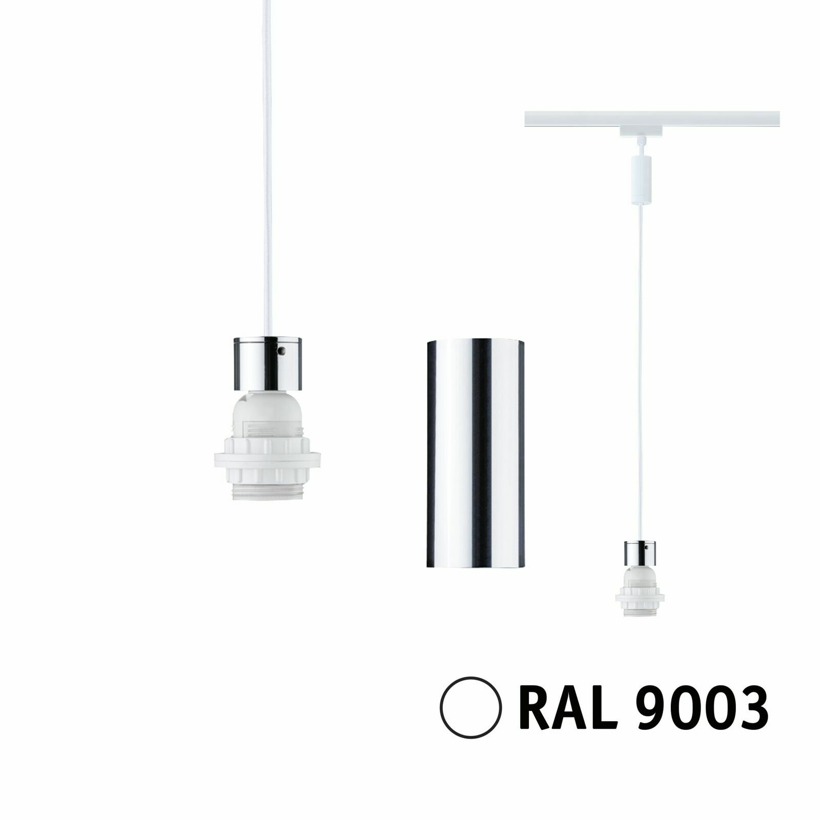Basispendel für URail-System von PAULMANN in Weiß (RAL 9003) mit zylindrischem Chrom-Element, seitliche und frontale Ansicht.