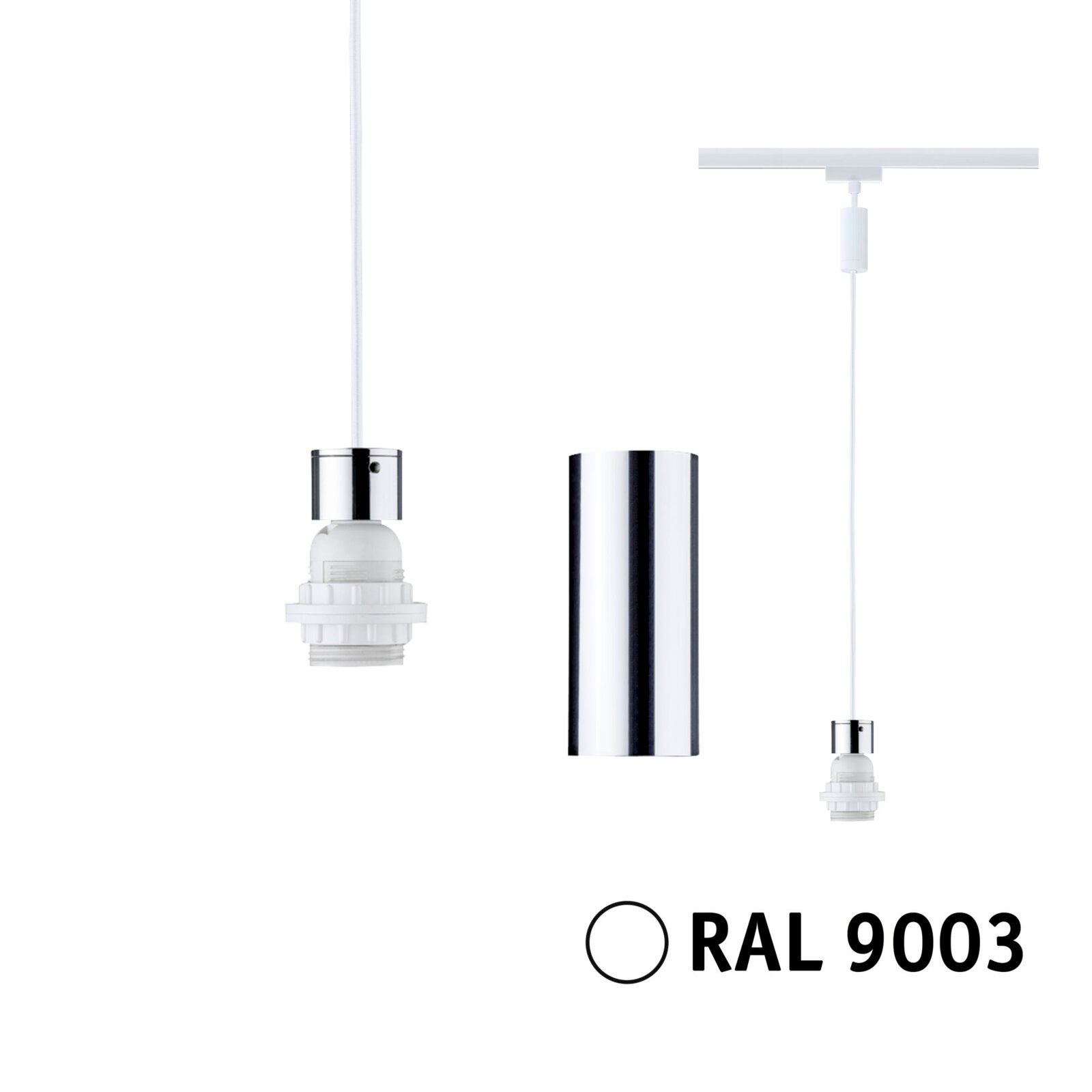 Basispendel voor het URail-systeem van PAULMANN in wit (RAL 9003) met cilindrisch chromen element, zijaanzicht en vooraanzicht.