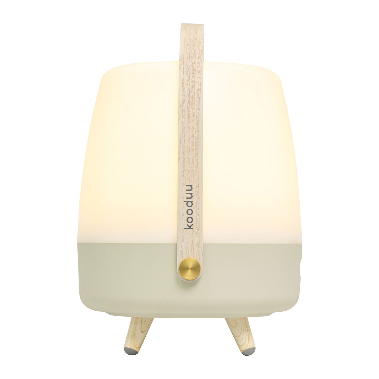 Frontansicht einer modernen tragbaren Lampe mit Holzgriff und dreibeinigem Ständer, ideal für stimmungsvolle Beleuchtung.