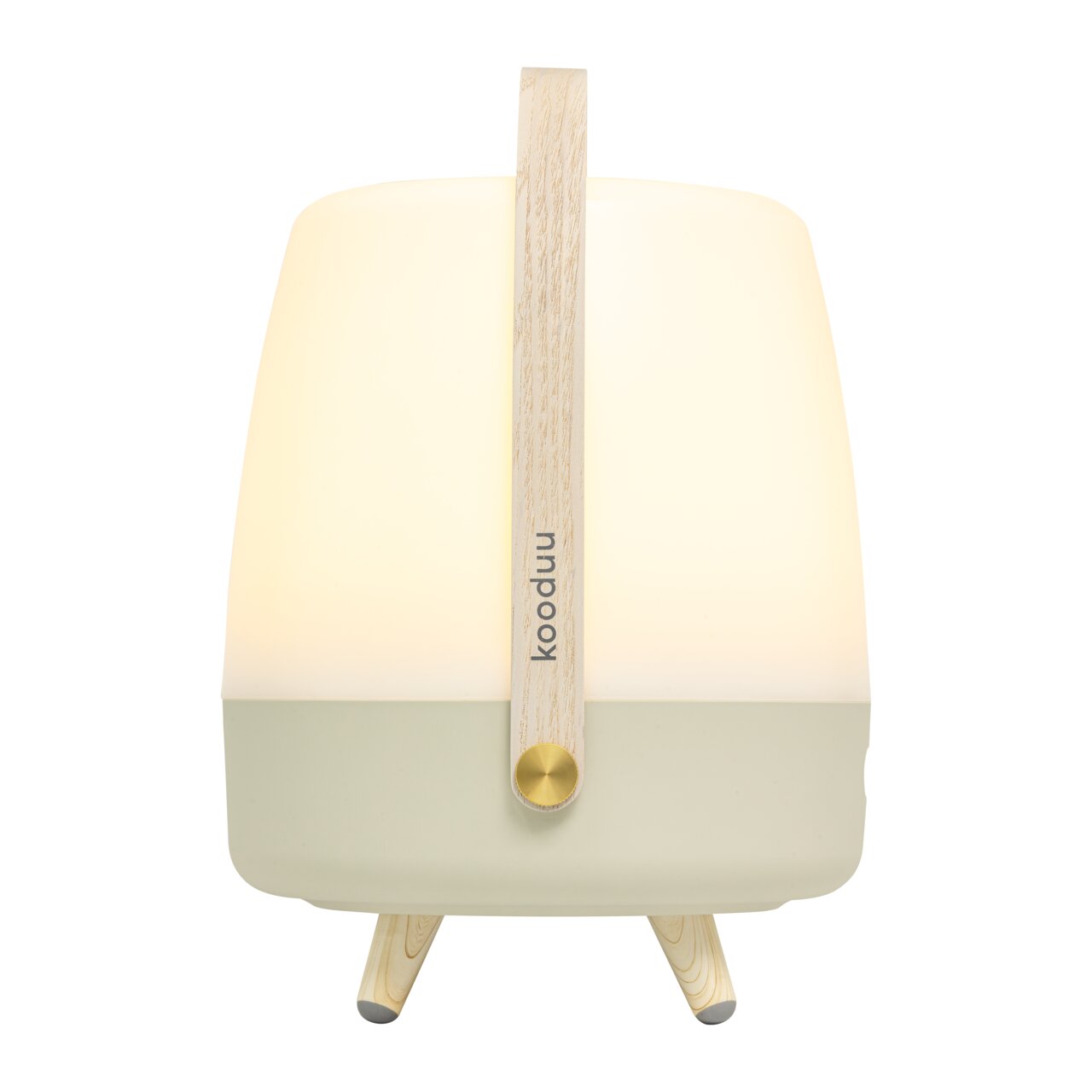 Frontansicht einer modernen tragbaren Lampe mit Holzgriff und dreibeinigem Ständer, ideal für stimmungsvolle Beleuchtung.