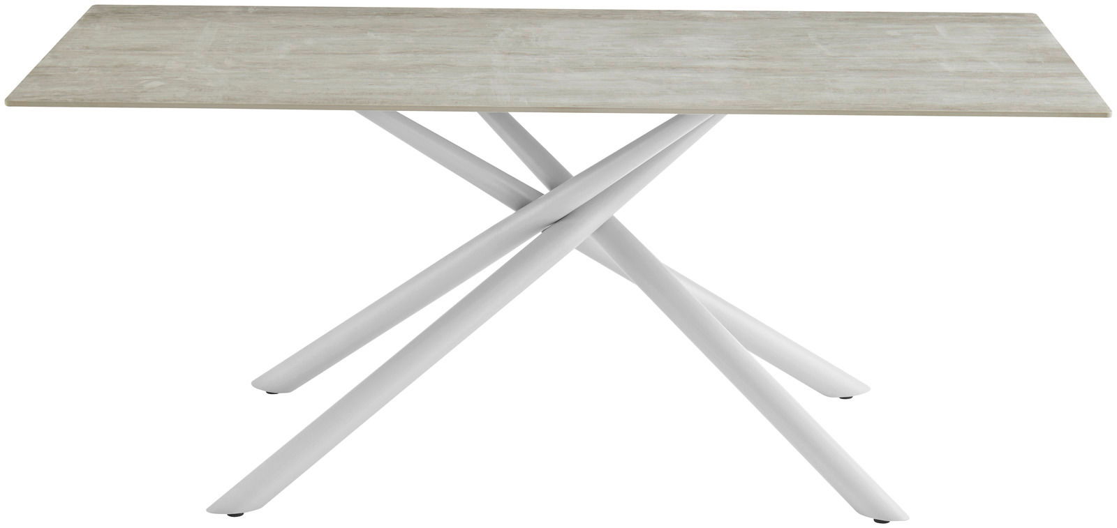 Moderner Esstisch mit rechteckiger Tischplatte und gekreuzten weißen Beinen, seitliche Perspektive