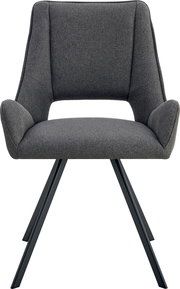 Gepolsterter Esszimmerstuhl mit Armlehnen in dunkelgrauem Stoffbezug und schwarzen Metallbeinen, Frontansicht.