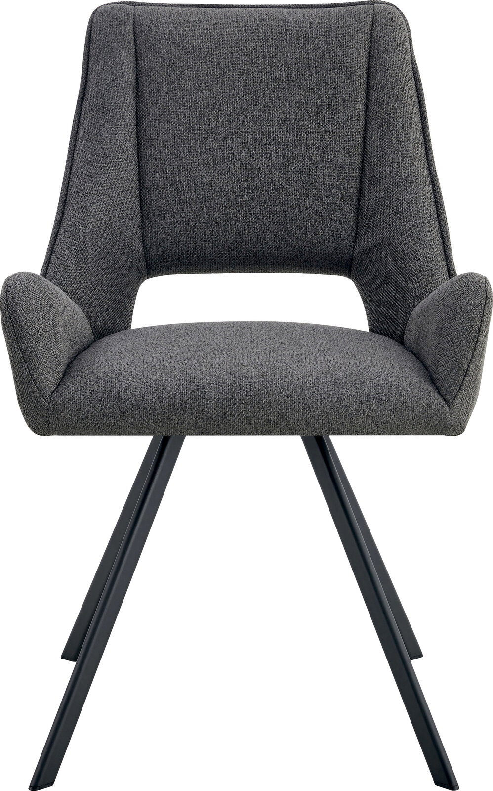 Gepolsterter Esszimmerstuhl mit Armlehnen in dunkelgrauem Stoffbezug und schwarzen Metallbeinen, Frontansicht.