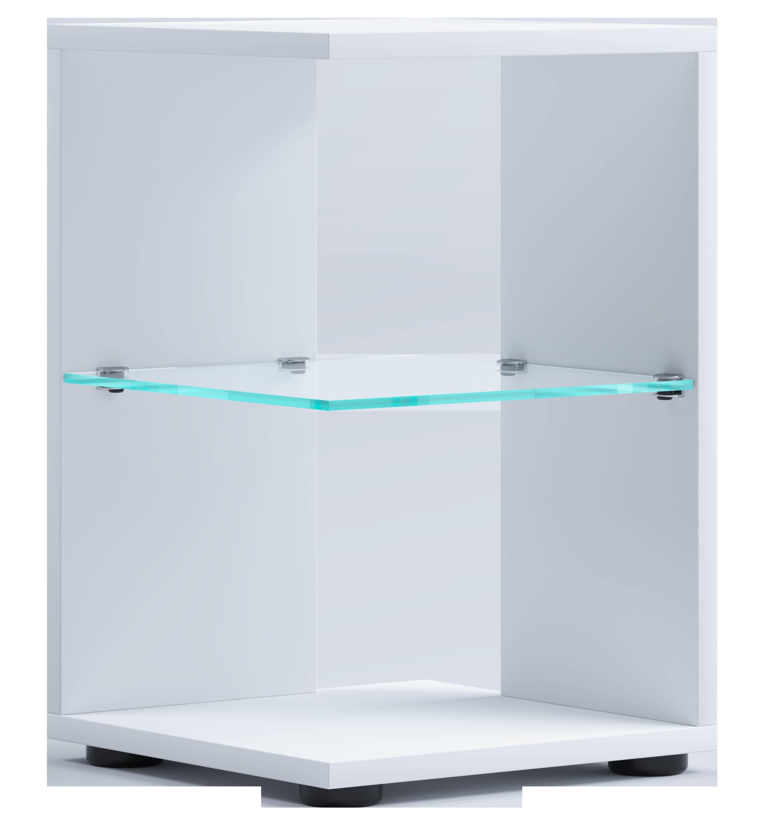 Weißes Möbelregal/Schrankdetail mit transparentem Glasboden und Metallhaltern, Ansicht frontal mit leichtem Blick von oben auf das Eckregal