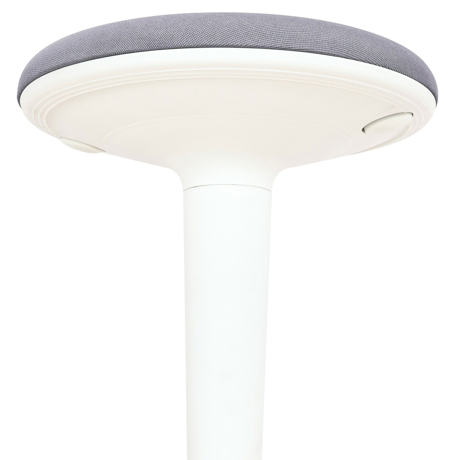 Moderner Sitzhocker mit weißem Standfuß und grauer Sitzfläche, Ansicht von unten