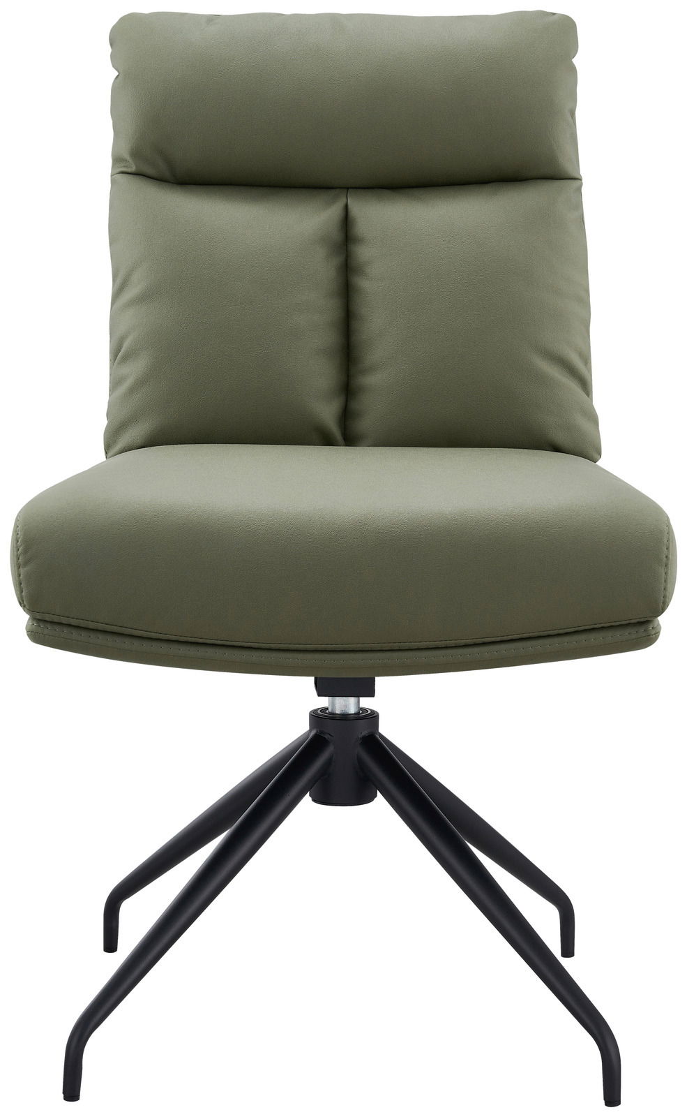 Moderner grüner Stuhl mit gepolsterter Rückenlehne und schwarzem Metallgestell, Frontalansicht