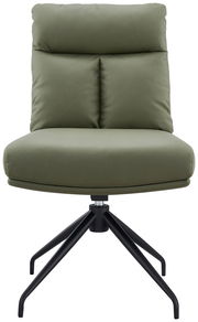 Moderner grüner Stuhl mit gepolsterter Rückenlehne und schwarzem Metallgestell, Frontalansicht