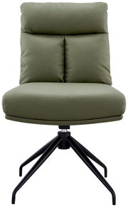 Moderner grüner Stuhl mit gepolsterter Rückenlehne und schwarzem Metallgestell, Frontalansicht