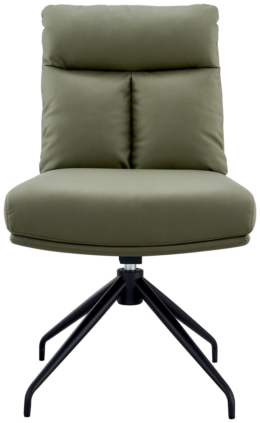 Moderner grüner Stuhl mit gepolsterter Rückenlehne und schwarzem Metallgestell, Frontalansicht