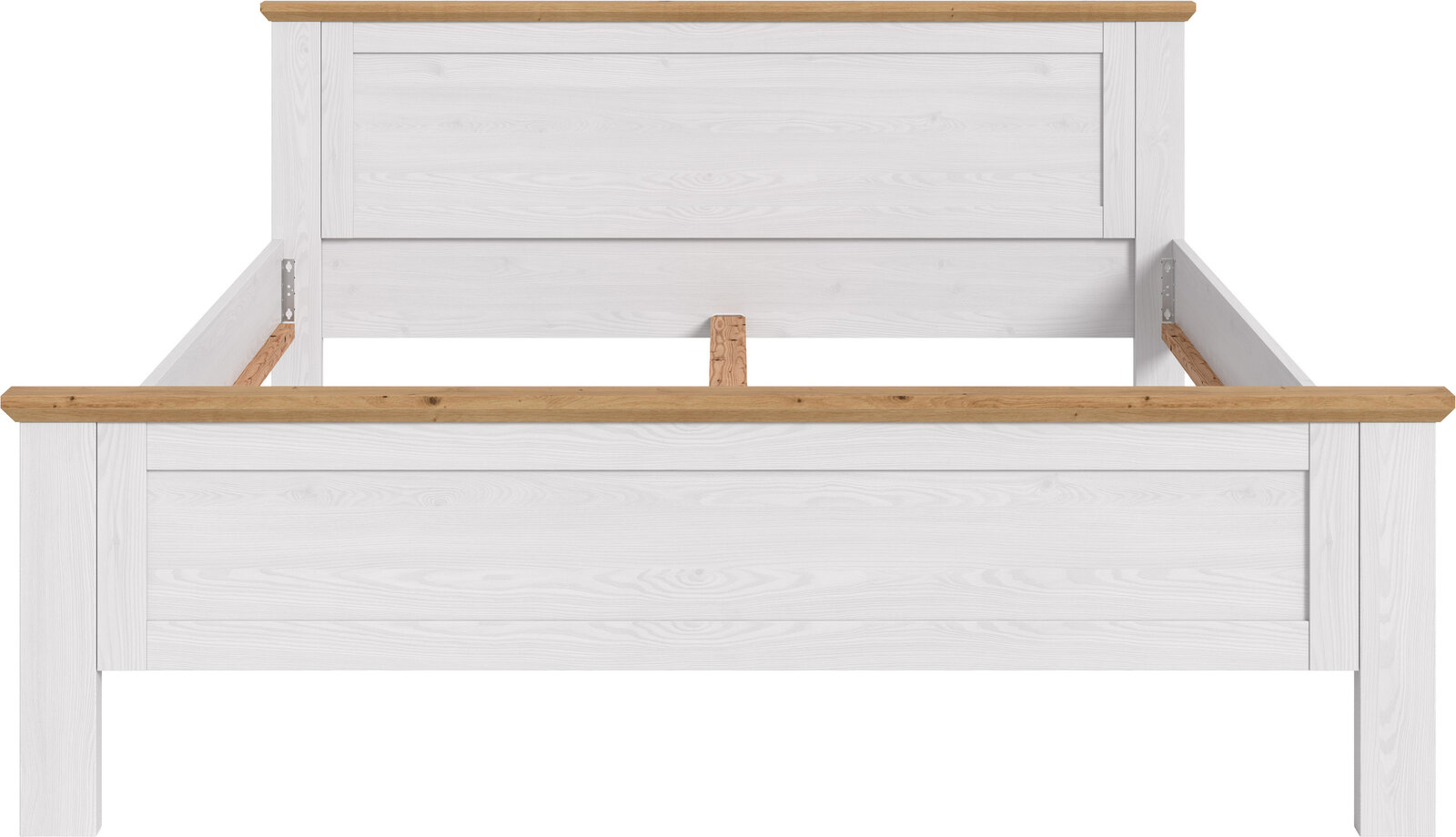 Weißes Holz-Doppelbettgestell mit naturfarbenen Absetzungen, Ansicht von vorne leicht erhöht, ohne Lattenrost und Matratze