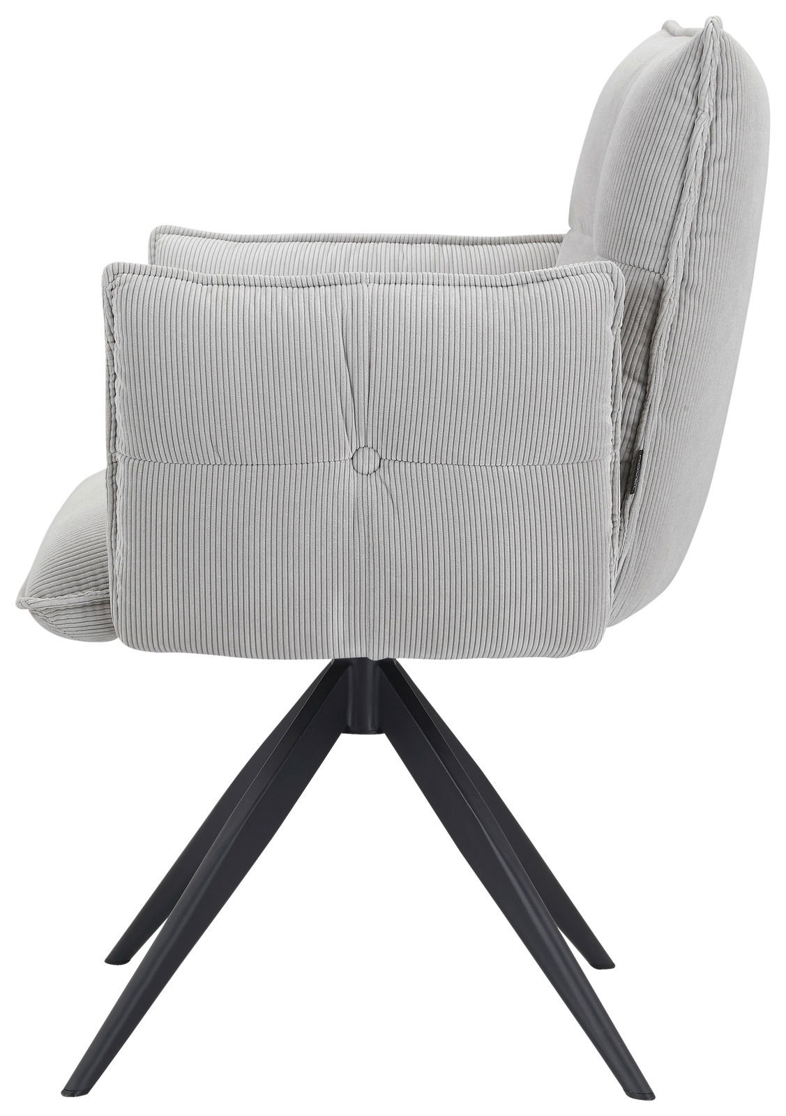 Seitenansicht eines grauen Armlehnstuhls mit gestepptem Stoffbezug und schwarzem Metallgestell