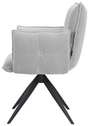 Seitenansicht eines grauen Armlehnstuhls mit gestepptem Stoffbezug und schwarzem Metallgestell