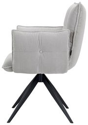 Seitenansicht eines grauen Armlehnstuhls mit gestepptem Stoffbezug und schwarzem Metallgestell