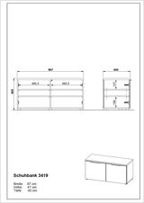 Technische Zeichnung einer Schuhbank mit den Maßen: Breite 97 cm, Höhe 47 cm, Tiefe 40 cm. Front- und Seitenansicht sind dargestellt.
