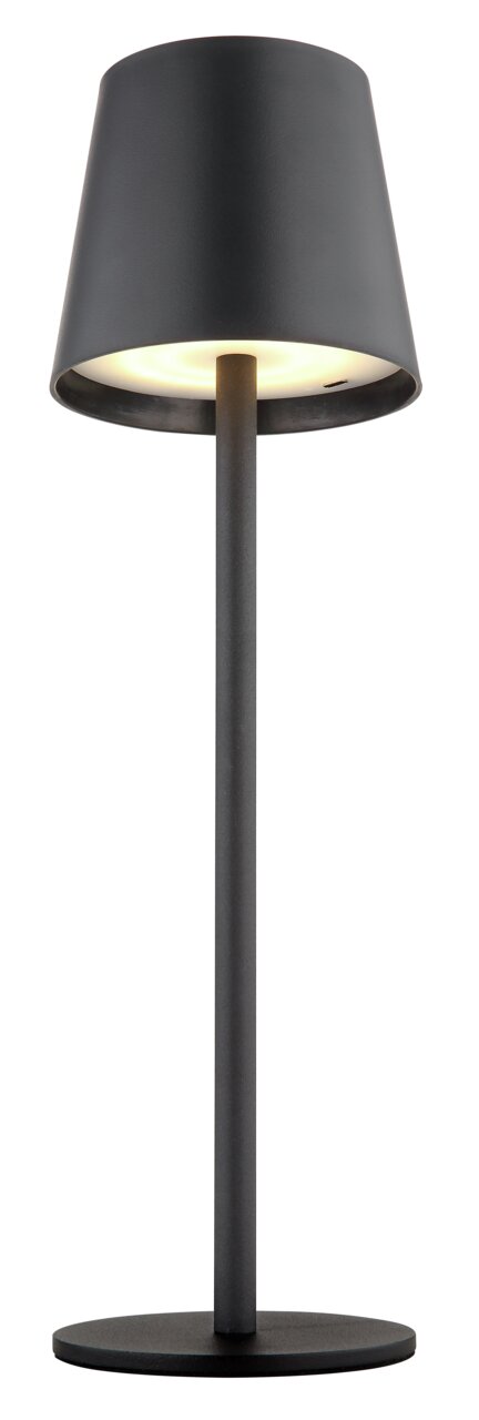 Schwarze Akku-Tischleuchte VANNIE, frontal abgebildet, mit modernem Design und zylindrischem Lampenschirm.