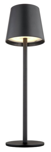 Schwarze Akku-Tischleuchte VANNIE, frontal abgebildet, mit modernem Design und zylindrischem Lampenschirm.