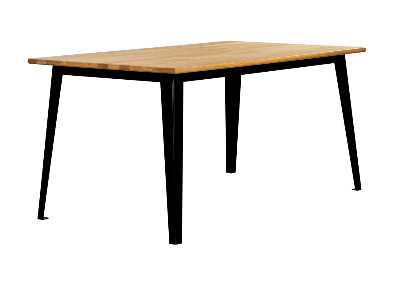 Moderner Esstisch mit Holzplatte und schwarzen Metallbeinen, seitliche Perspektive