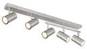 Moderner Deckenstrahler aus gebürstetem Metall mit vier zylindrischen Leuchten, seitliche Perspektive