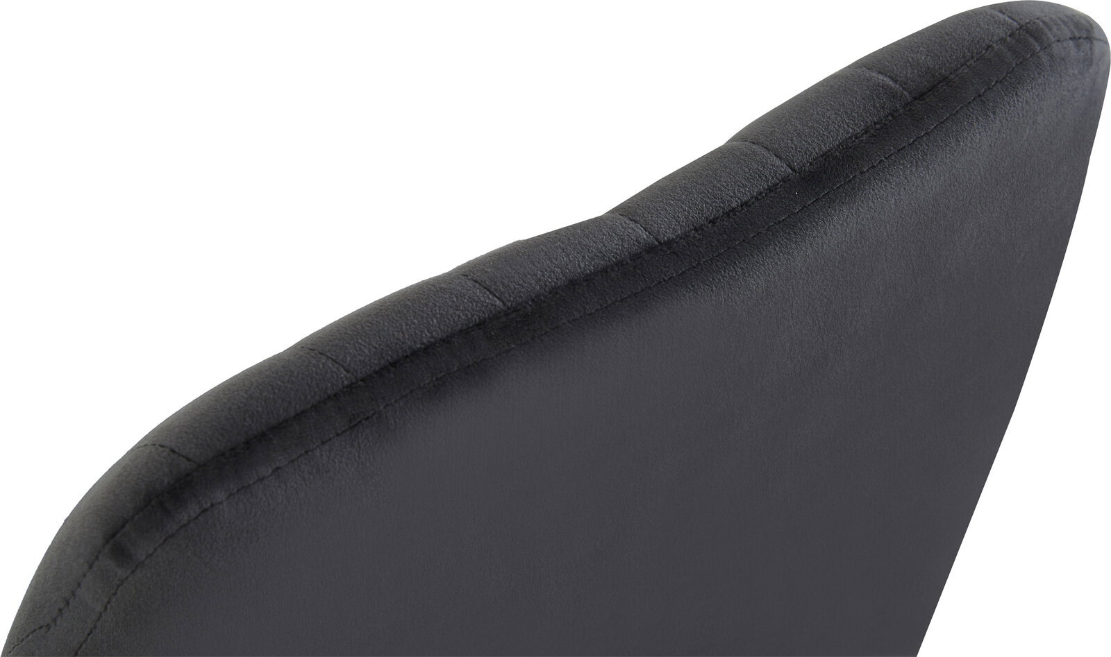Nahaufnahme der oberen Rückenlehne eines schwarzen, gepolsterten Stuhls mit sichtbaren Nähten, Ansicht von hinten in leichter Schrägperspektive