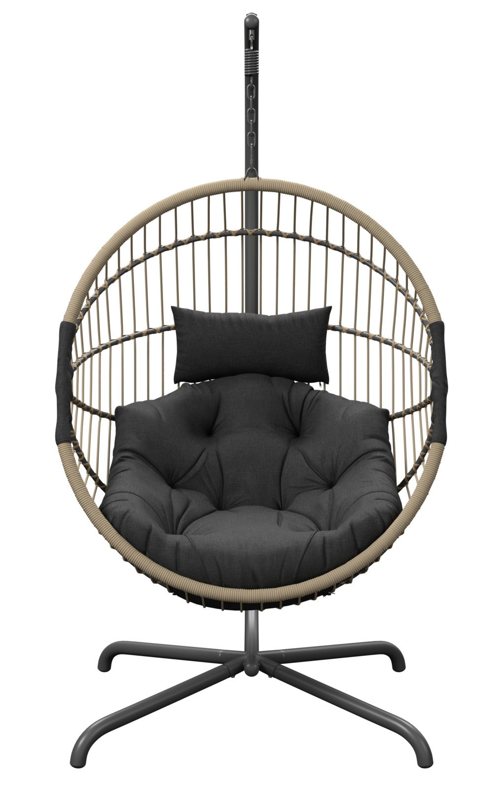 Moderner Hängesessel mit schwarzem Kissen, frontal betrachtet.