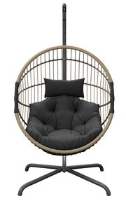 Moderner Hängesessel mit schwarzem Kissen, frontal betrachtet.