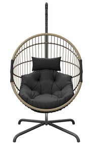 Moderner Hängesessel mit schwarzem Kissen, frontal betrachtet.