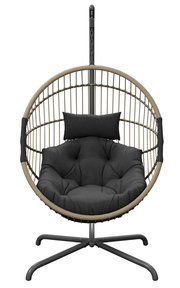 Moderner Hängesessel mit schwarzem Kissen, frontal betrachtet.