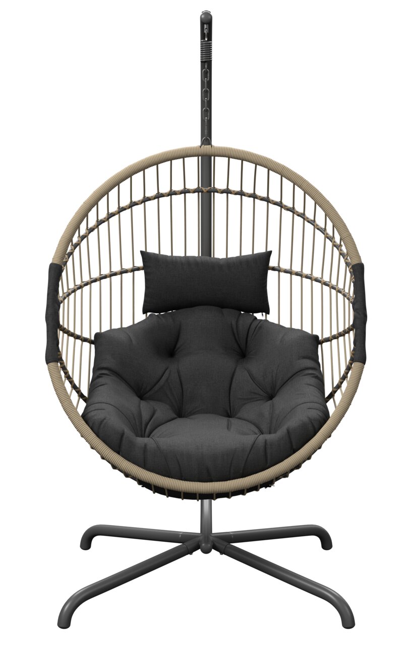 Moderner Hängesessel mit schwarzem Kissen, frontal betrachtet.