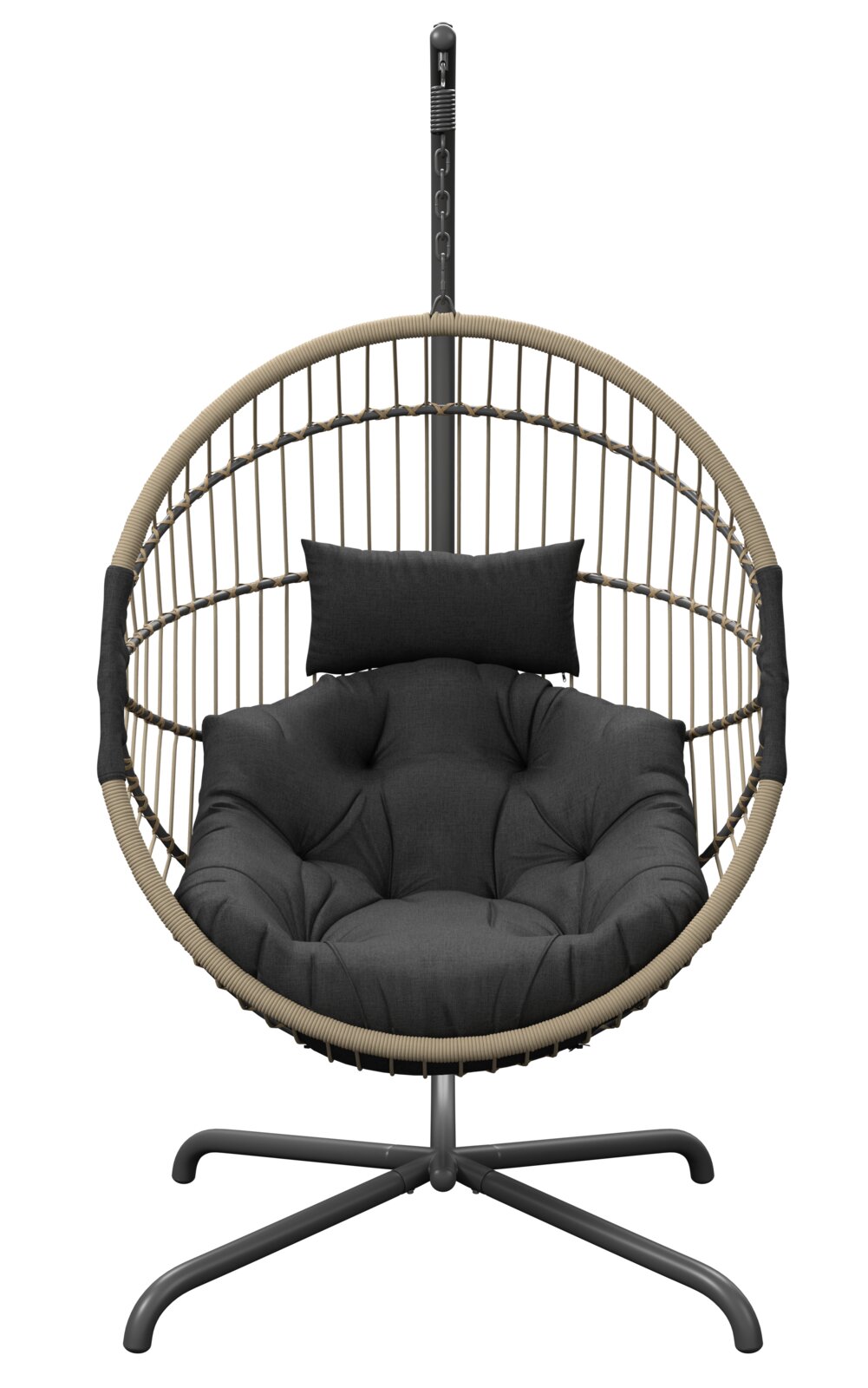 Moderne hangstoel met zwart kussen, gezien vanaf de voorkant.
