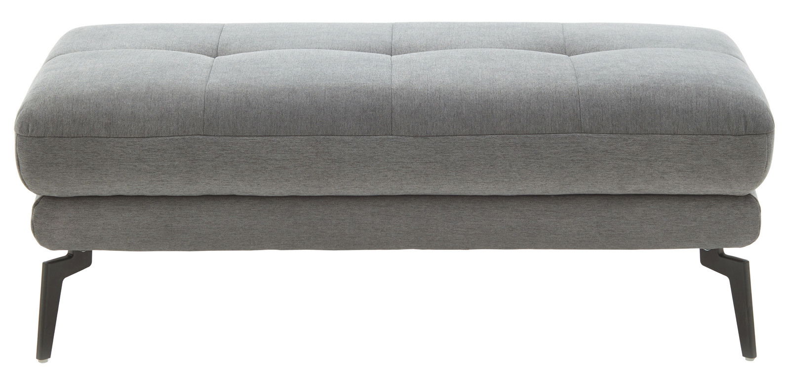 Grauer XXL-Hocker mit gepolsterter Sitzfläche und schwarzen Metallbeinen, Frontalansicht.
