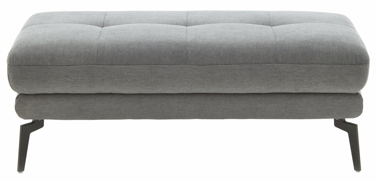 Grauer XXL-Hocker mit gepolsterter Sitzfläche und schwarzen Metallbeinen, Frontalansicht.