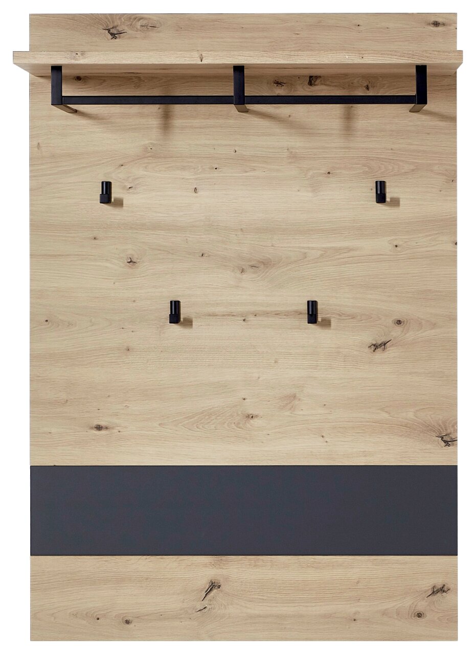 Garderoben-Set aus Holz mit schwarzem Metallhaken und Ablage, Frontalansicht