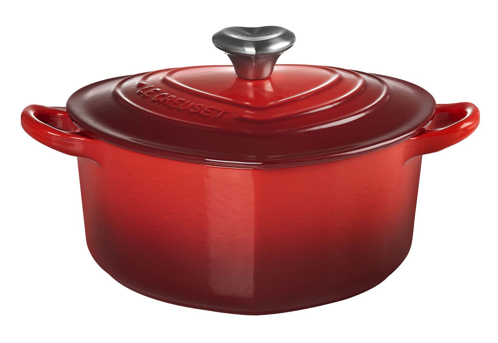 Roter Herzbräter mit Deckel und herzförmigem Griff, seitliche Perspektive