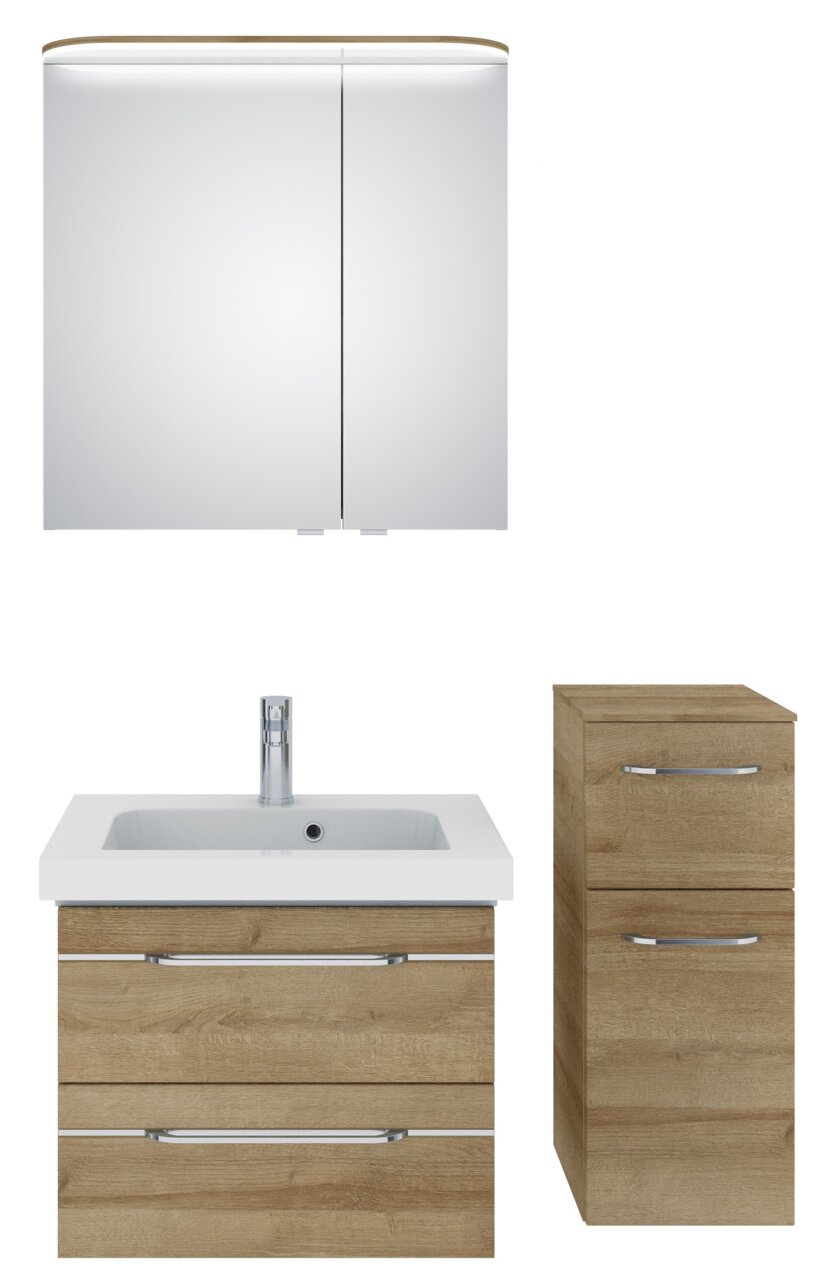 Badezimmermöbel-Set mit Spiegelschrank, Waschbeckenunterschrank und Hochschrank in Holzoptik, Frontalansicht