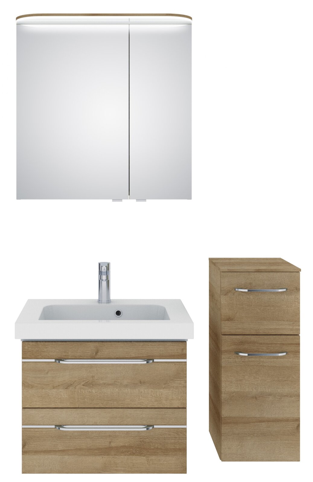 Badezimmermöbel-Set mit Spiegelschrank, Waschbeckenunterschrank und Hochschrank in Holzoptik, Frontalansicht