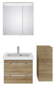 Badezimmermöbel-Set mit Spiegelschrank, Waschbeckenunterschrank und Hochschrank in Holzoptik, Frontalansicht