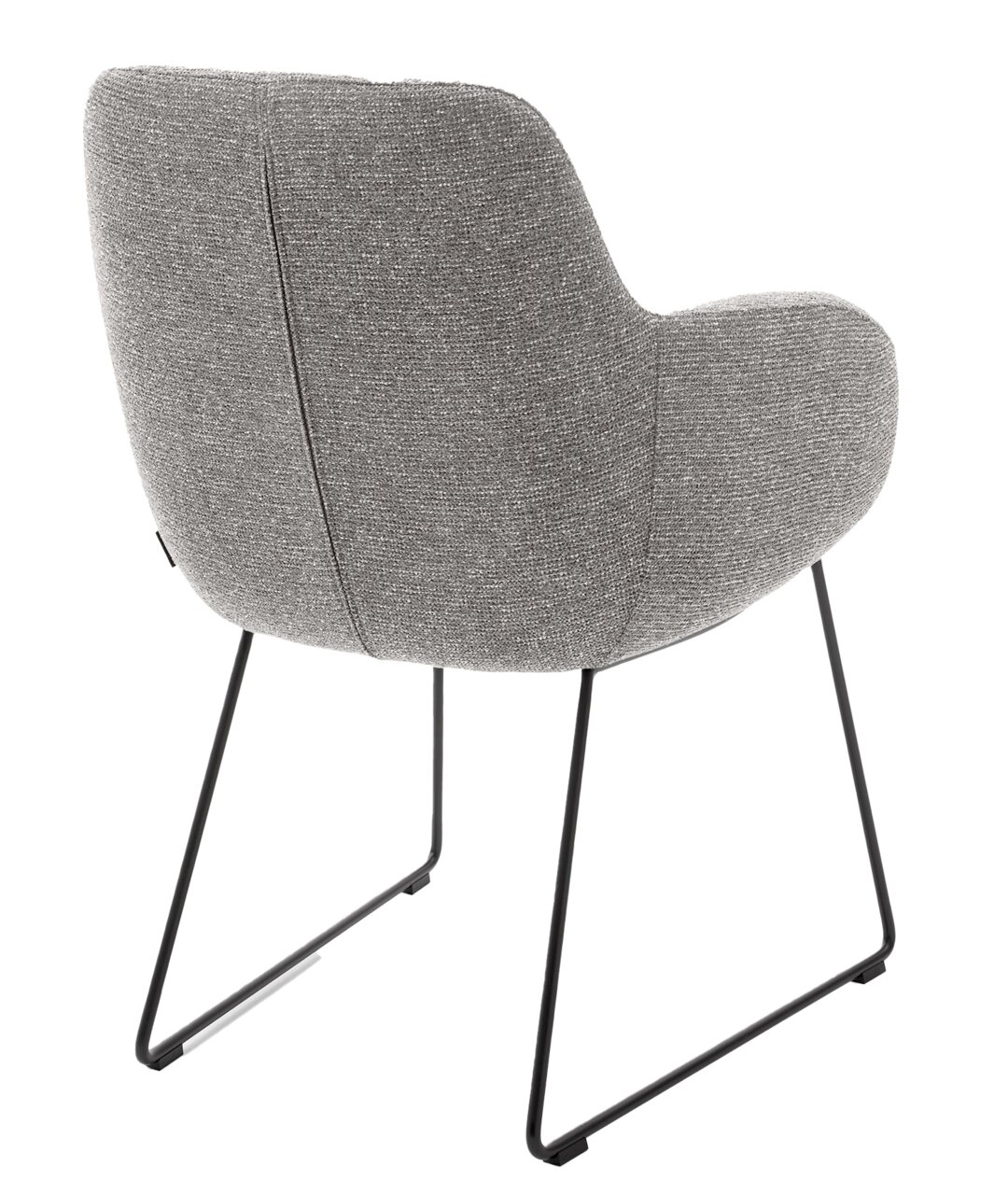 Achterkant van een grijze fauteuil met een zwart metalen frame, model MR TAVIA.