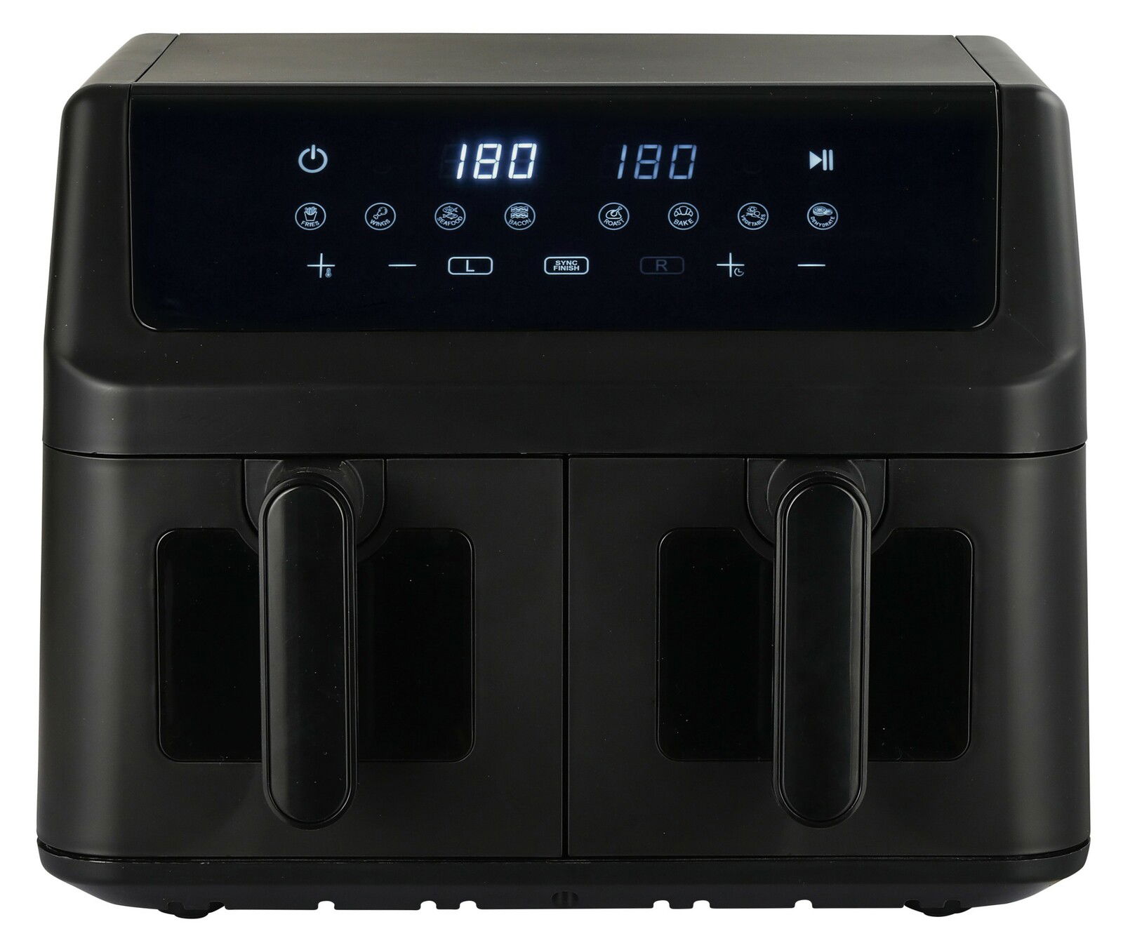 Frontansicht einer schwarzen Heißluftfritteuse mit digitalem Display und zwei Griffen.