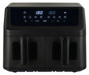 Frontansicht einer schwarzen Heißluftfritteuse mit digitalem Display und zwei Griffen.