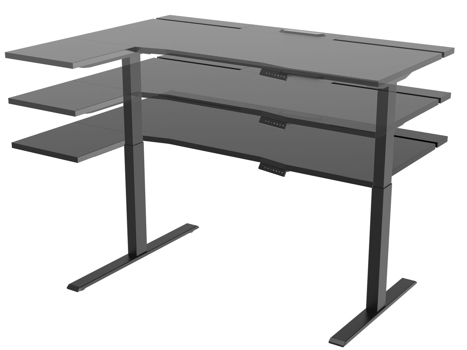 Höhenverstellbarer E-Schreibtisch in seitlicher Perspektive mit mehreren Ebenen, die die Anpassungsfähigkeit der Höhe zeigen.